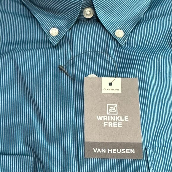 Van Heusen Men's Classic Fit Wrinkle-Free Dress Shirt Size S Teal Striped Cotton - Picture 5 of 6